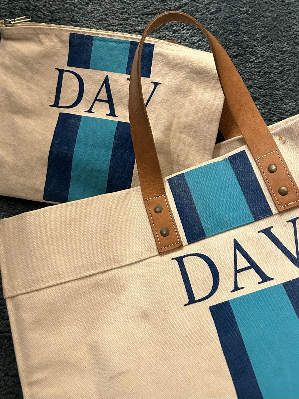 Canvas Tote & pouch with hanpainted Blue Stripe and Leather Handles - DAV
